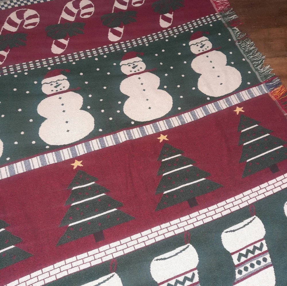 Vintage Festive Holiday Throw Blanket with Snowman and Tree Design